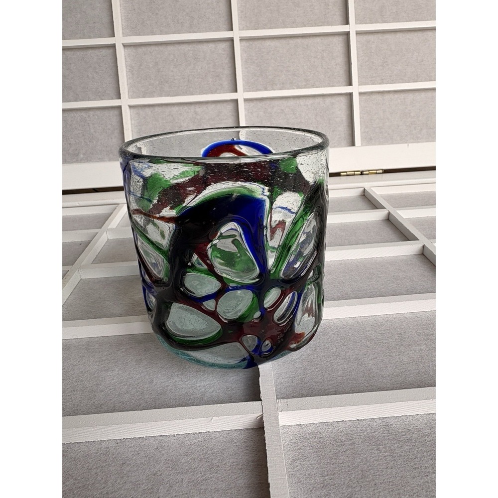 Vintage MCM Hand Blown Signed Mexican Studio Art Glass Tumbler Vase Color Swirl